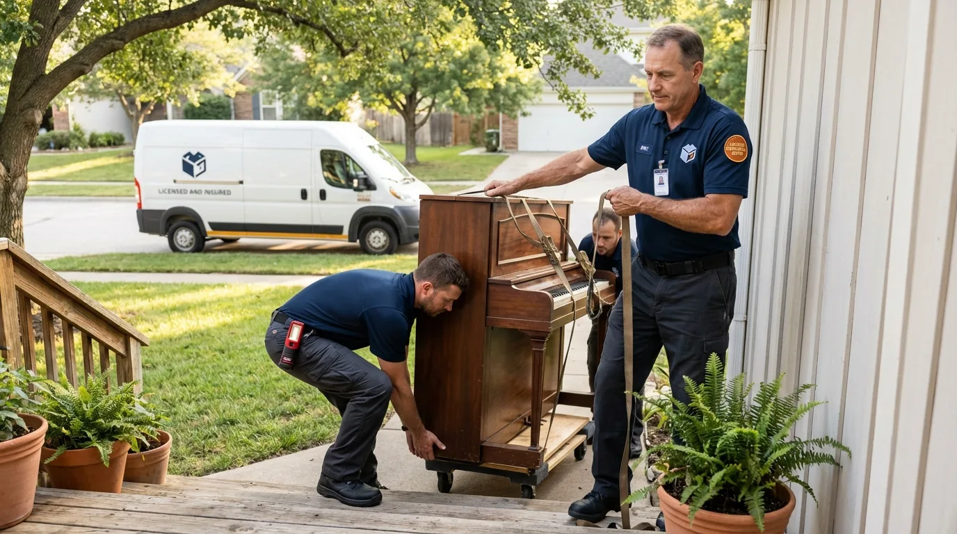 Licensed piano movers securing grand piano in Indianapolis, IN