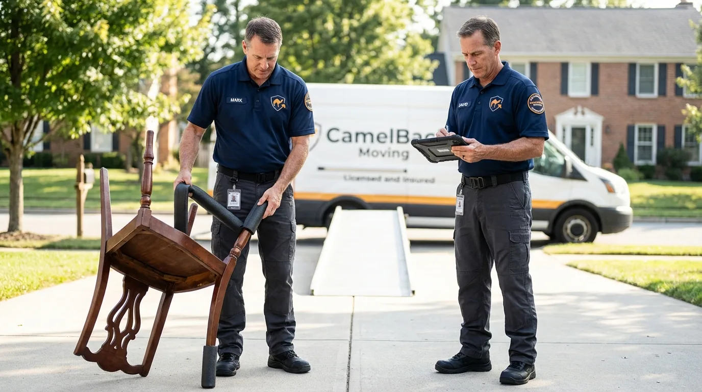 Movers inspecting furniture for damage prevention before loading in Indianapolis, IN