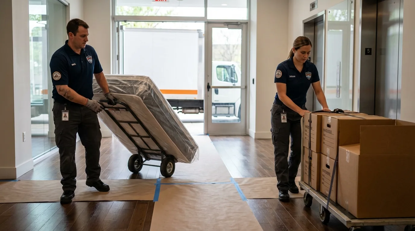Professional apartment movers loading elevator in Indianapolis, IN